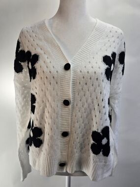 Source Unknown White Cardigan with Black Floral Accents Large